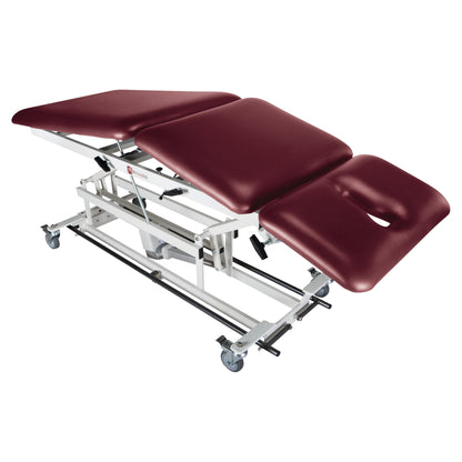 The Armedica AM-BA300 Treatment Table features an adjustable design with maroon padding and caster wheels for mobility.