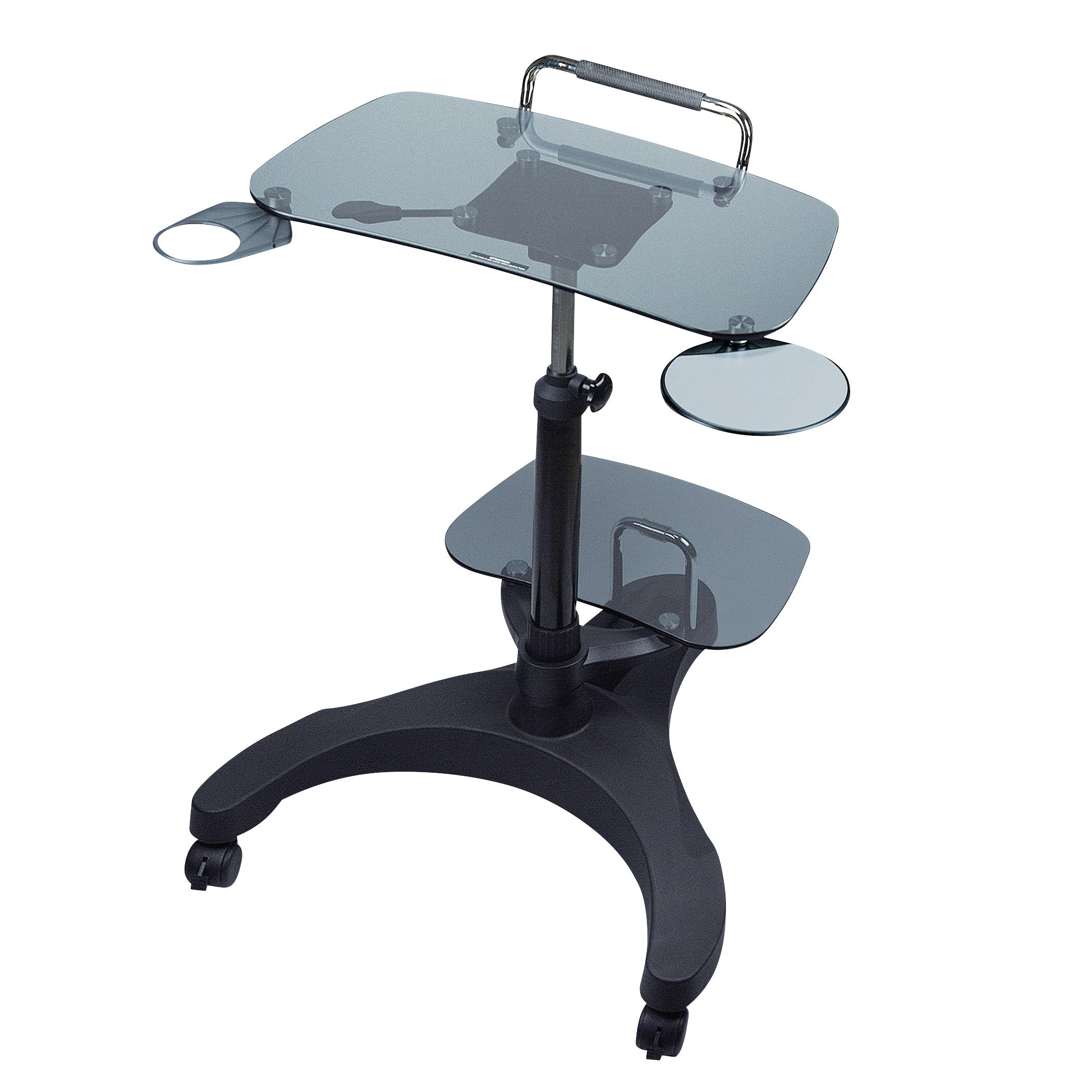 The AIData Notebook Mobile Workstation features a glass top, lower shelf, cup holder, and wheels for easy mobility.