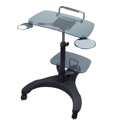 The AIData Notebook Mobile Workstation features a glass top, lower shelf, cup holder, and wheels for easy mobility.