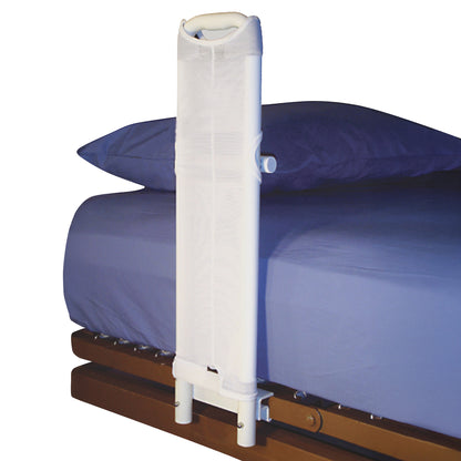SafetySure Bed Rail Cover attached to a bed, showing a padded white cover on a vertical rail for added safety.
