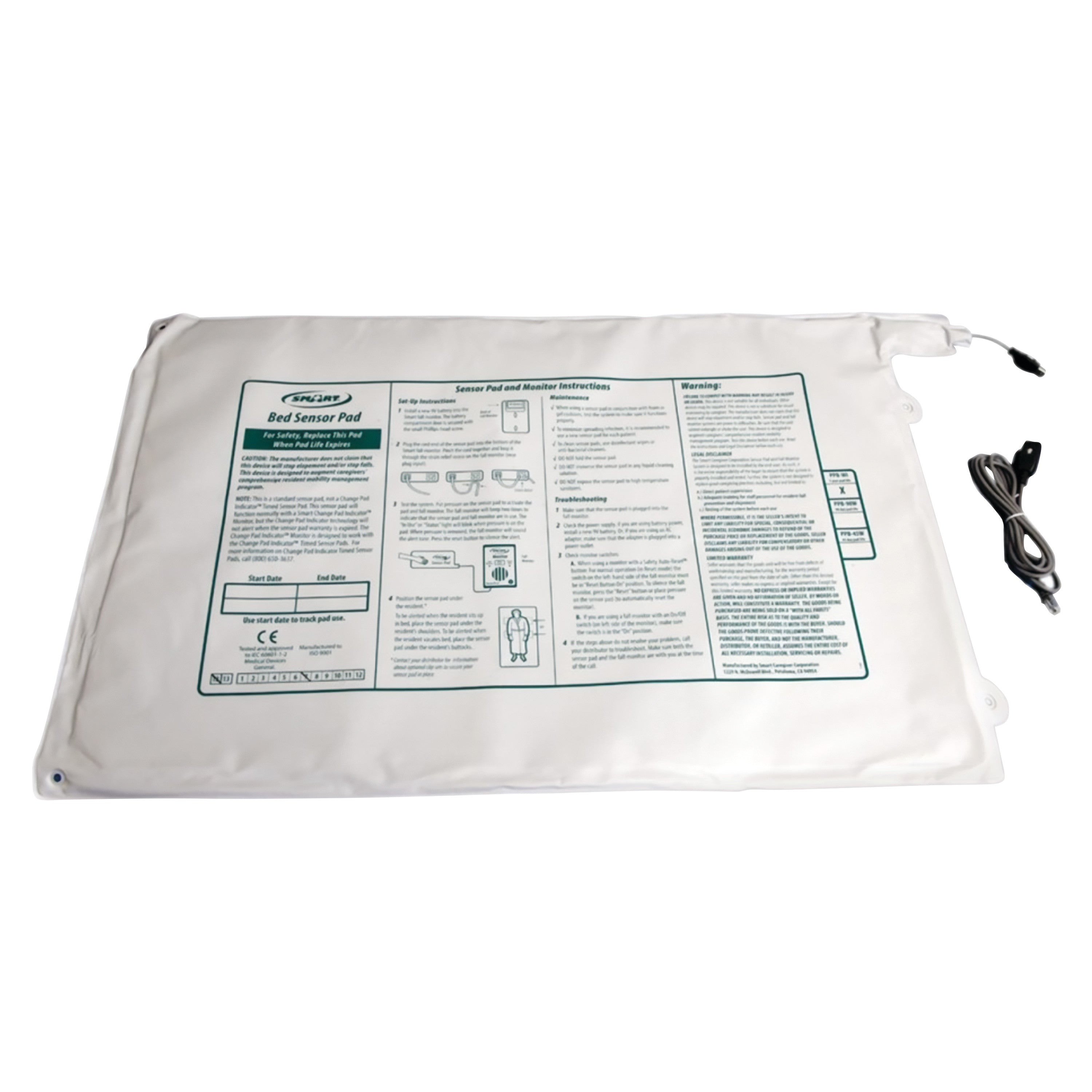 Smart Caregiver Corded Bed Sensor Pad with attached cable. The pad has printed instructions in green text on a white surface.