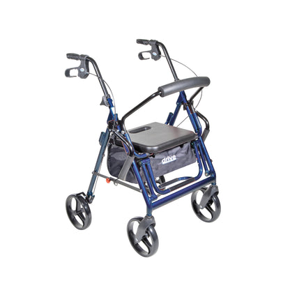 Drive Medical The Duet Transport Chair and Rollator in blue, featuring a seat, storage pouch, and ergonomic handles with brakes.