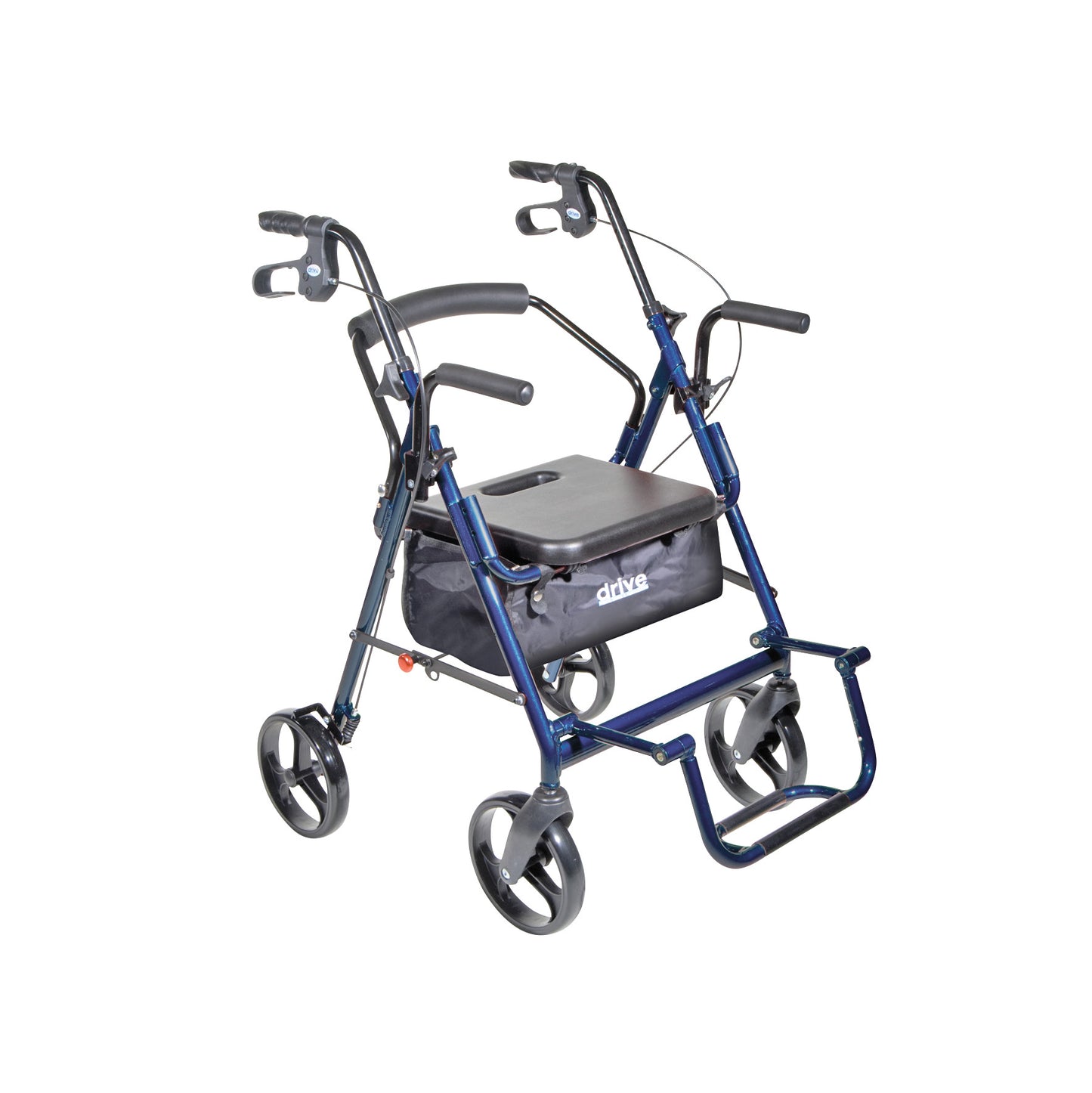Drive Medical The Duet Transport Chair and Rollator, blue frame, features hand brakes, a padded seat, and a storage bag.
