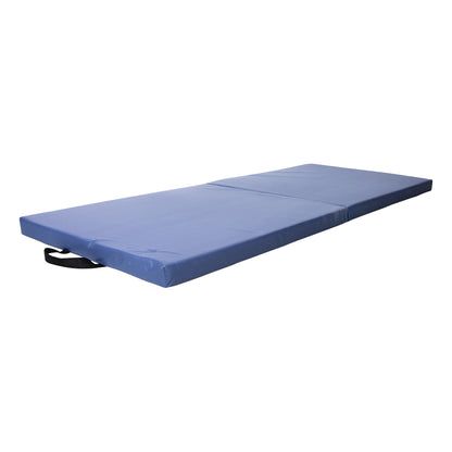 The AliMed Economy Bi-Fold Bedside Fall Mat with Handles is a blue mat designed to prevent injuries. It features a carry handle.