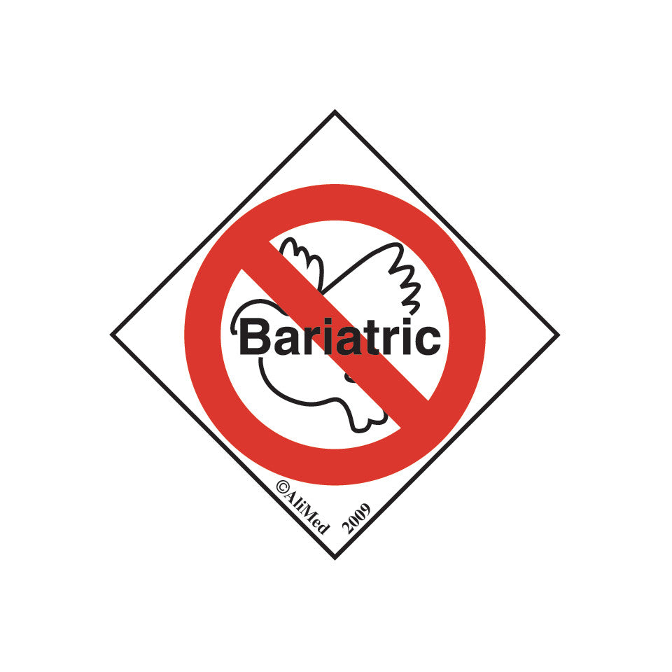 The AliMed Standardized Equipment Weight Capacity Label features a dove symbol crossed out with "Bariatric" inside a red circle.