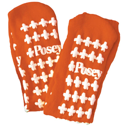Orange Posey Fall Management Socks with white non-slip patterns and the word "Posey" written on them.