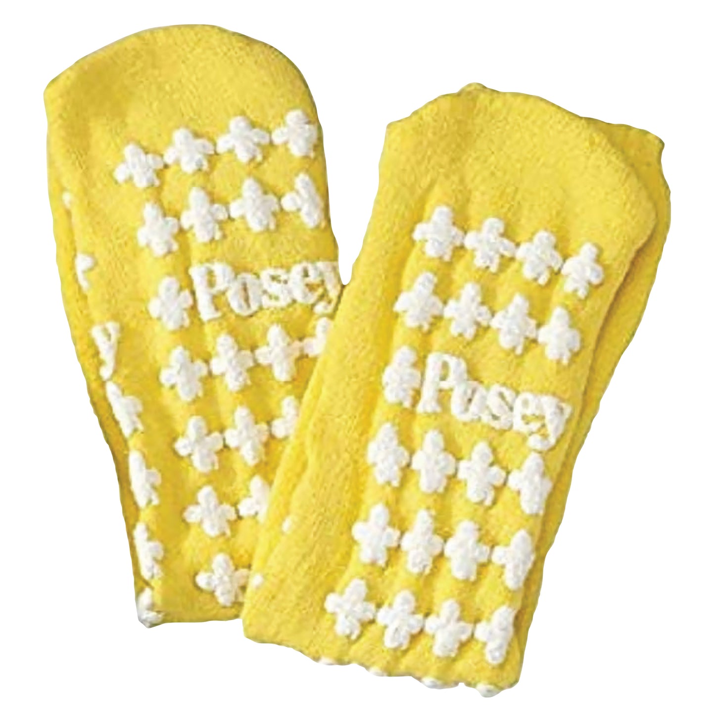Yellow Posey Fall Management Socks with white non-slip patterns and the word "Posey" on each sock.