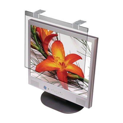 A monitor displays an orange flower, fitted with the Kantek LCD Protect Anti-Glare Filter, showing its clear screen coverage.