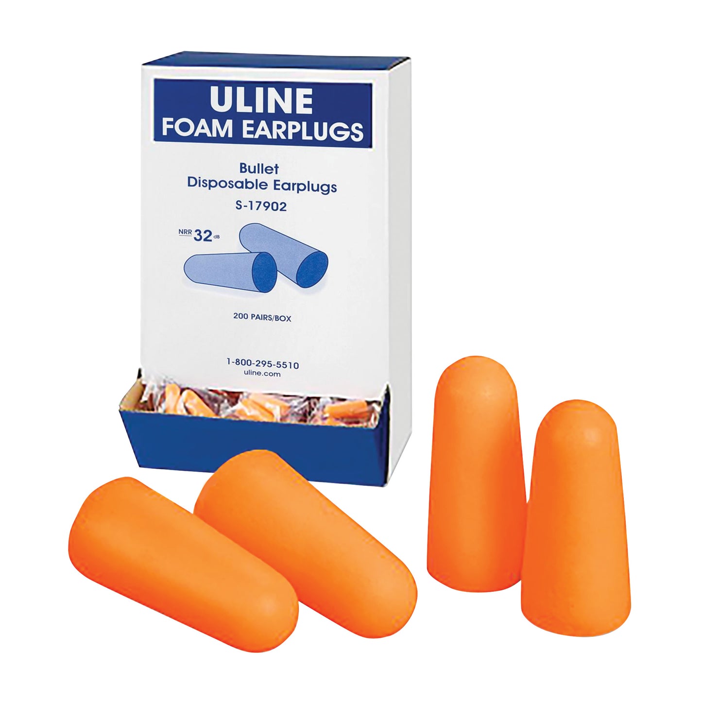 Box of Uline Uncorded Foam Bullet Earplugs with three orange earplugs displayed in front. Box contains 200 pairs.
