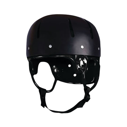 A black Danmar Products Hard Shell Helmet with ventilation slots and a chin strap, designed for protection during activities.