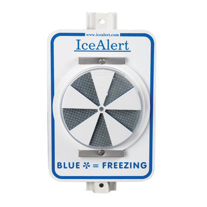 The IceAlert System displays a circular temperature indicator with blue sections. Text reads: "BLUE = FREEZING."