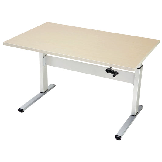 A beige Hand Crank Adjustable Table with a metal frame and a crank handle on one side for height adjustment.