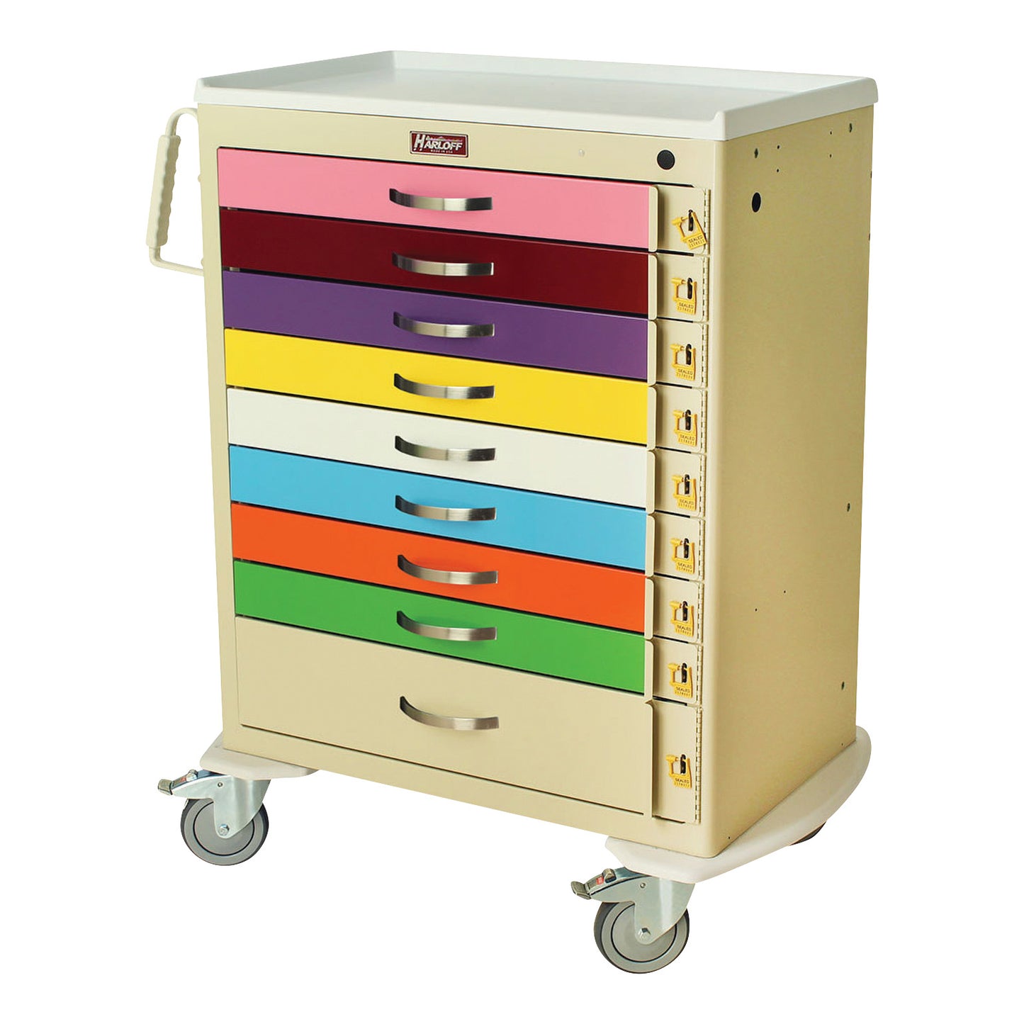 The Harloff 9-Drawer Pediatric Emergency Cart features colorful drawers, a beige frame, wheels, and side handles.