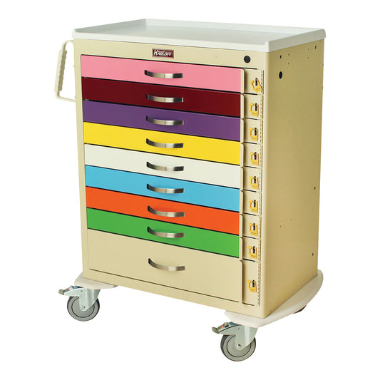 The Harloff 9-Drawer Pediatric Emergency Cart features colorful drawers, a beige frame, wheels, and side handles.