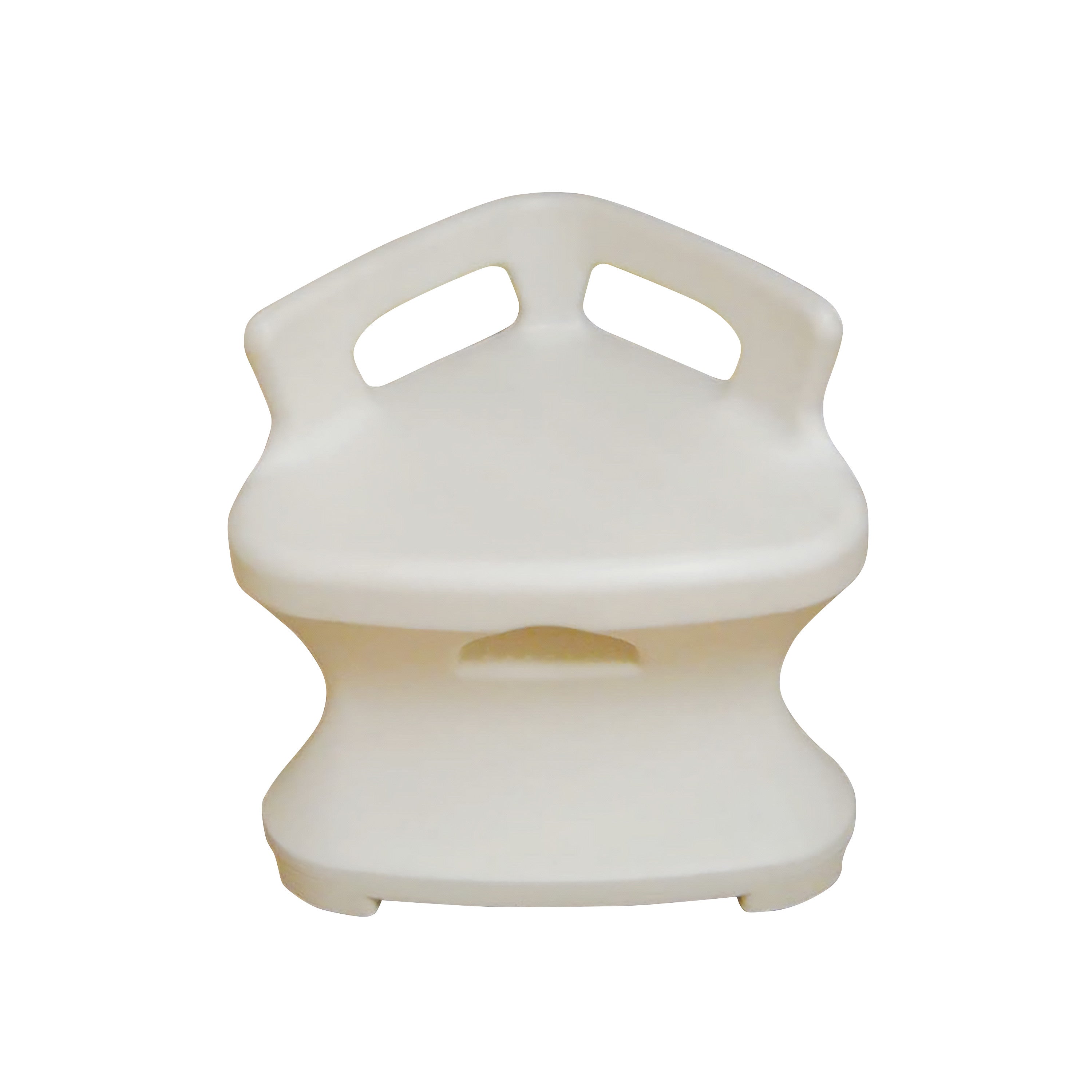 A beige Corner Shower Seat with a smooth, curved design and integrated handles, suitable for bathroom use.