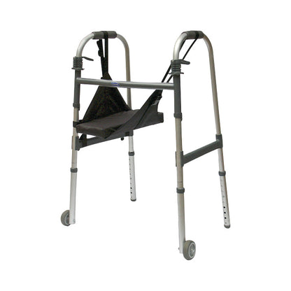 A SafetySure The Knee Sling is attached to a walker with padded bars and wheels, providing support for knee injuries.