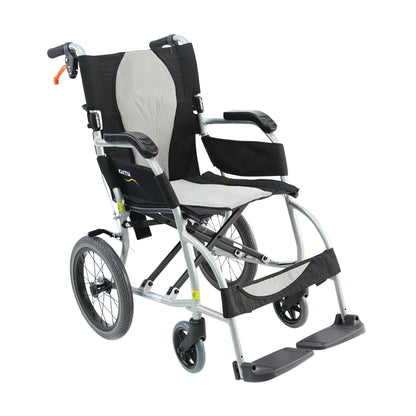 The Karman ERGO-LITE S-2501 Transport Wheelchair features a lightweight frame, black and gray seat, armrests, and footrests.