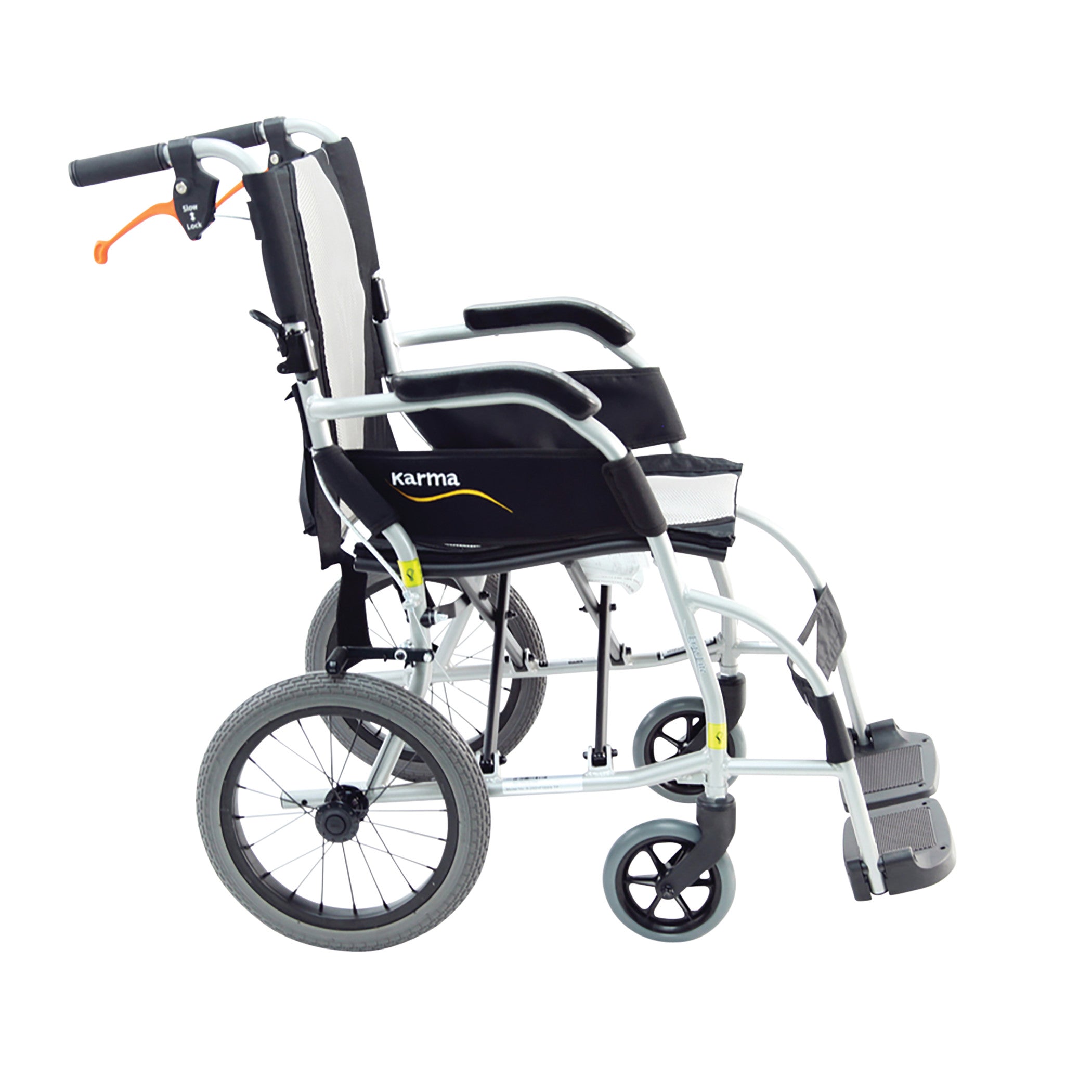 Side view of the Karman ERGO-LITE S-2501 Transport Wheelchair featuring lightweight design, padded seat, and foldable footrests.