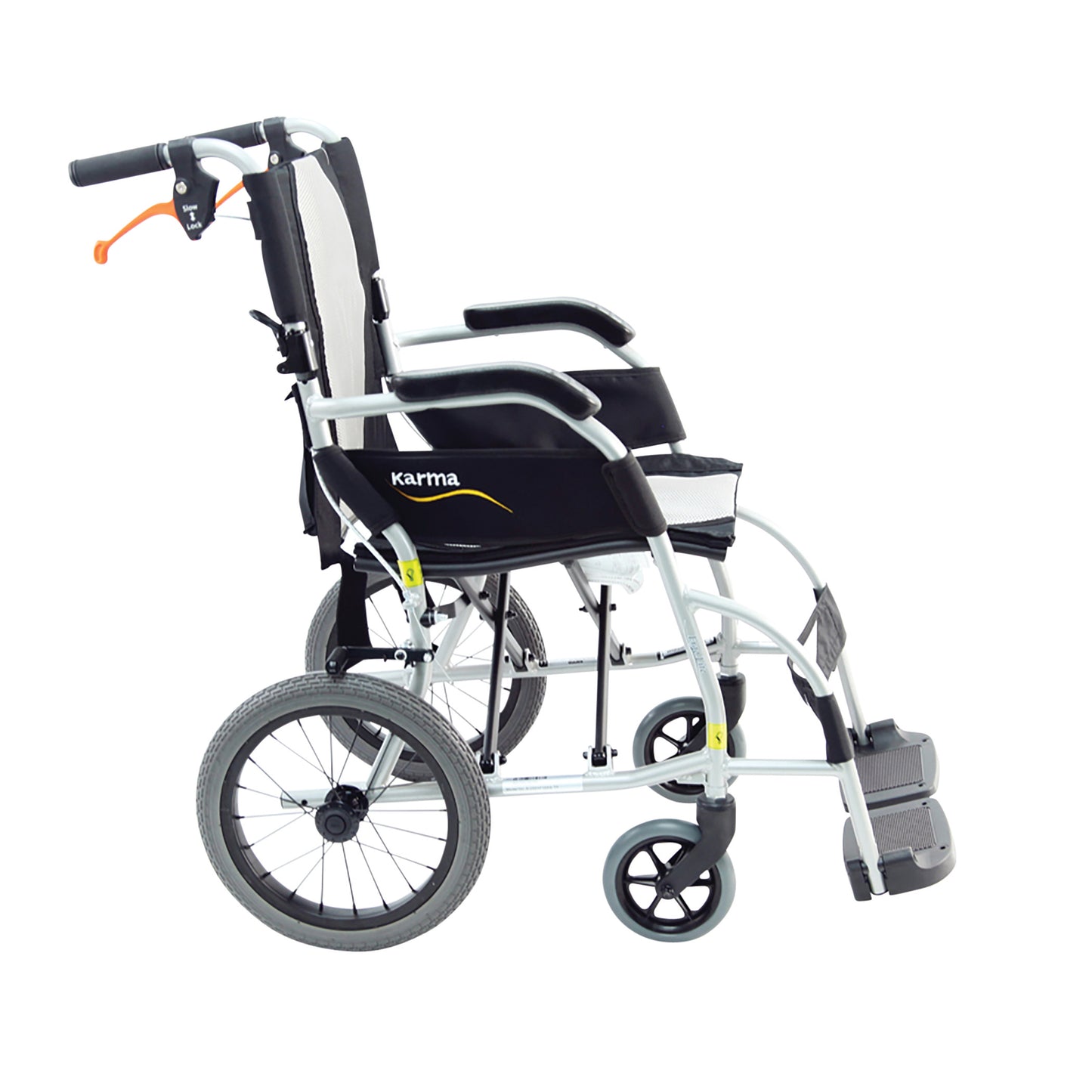 Side view of the Karman ERGO-LITE S-2501 Transport Wheelchair featuring lightweight design, padded seat, and foldable footrests.