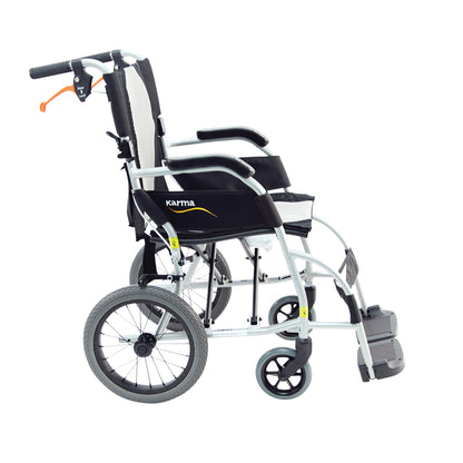 Side view of the Karman ERGO-LITE S-2501 Transport Wheelchair featuring lightweight design, padded seat, and foldable footrests.