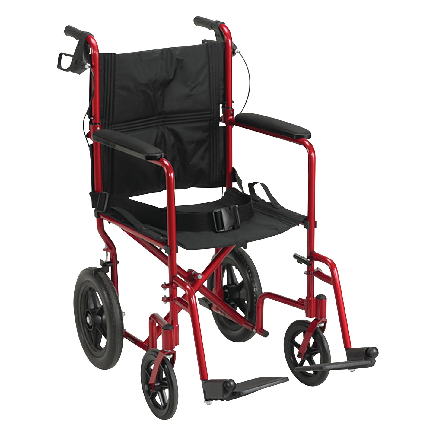 Drive Medical Expedition Transport Chair with Loop Lock, red frame, padded black seat, armrests, and footrests, on four wheels.