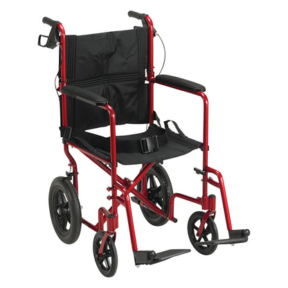 Drive Medical Expedition Transport Chair with Loop Lock, red frame, padded black seat, armrests, and footrests, on four wheels.