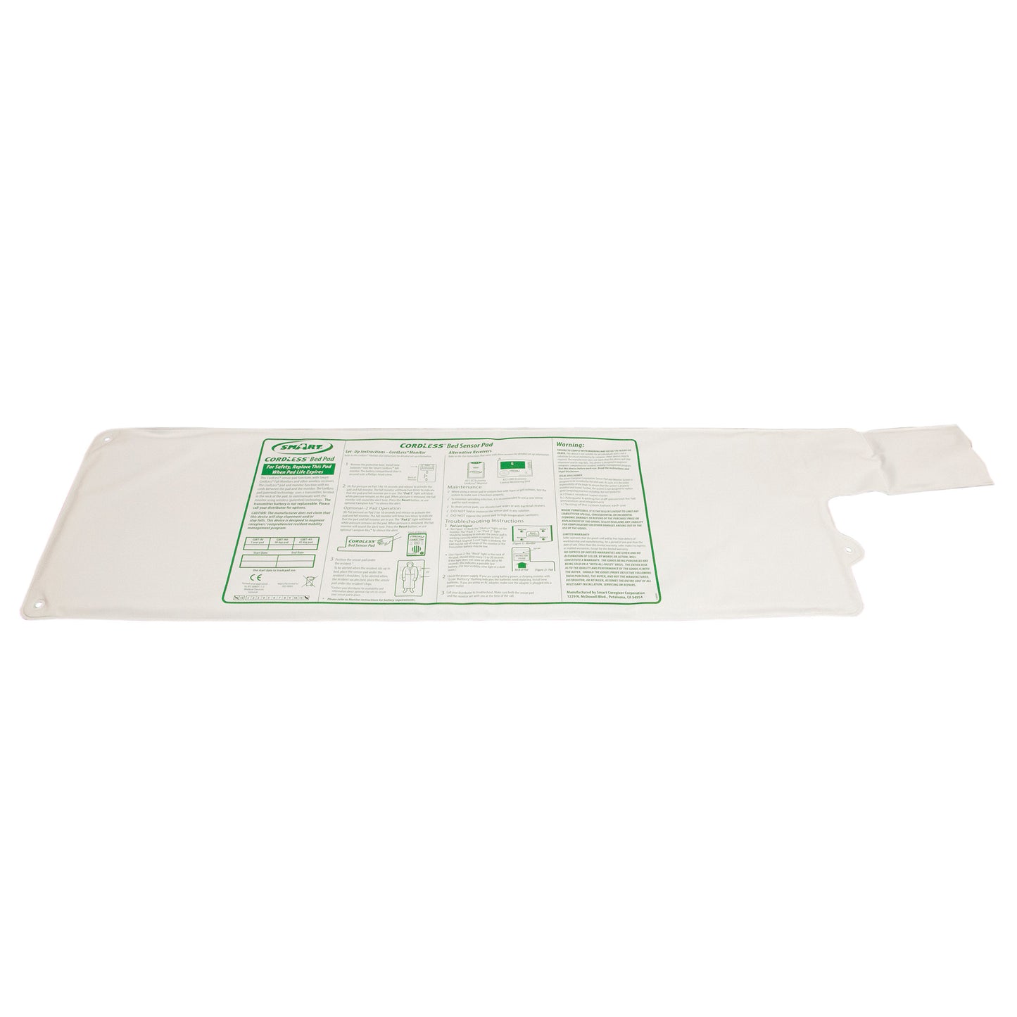 Smart Caregiver CordLess Bed Sensor Pad, featuring printed instructions, is a flat, rectangular mat designed for monitoring use.