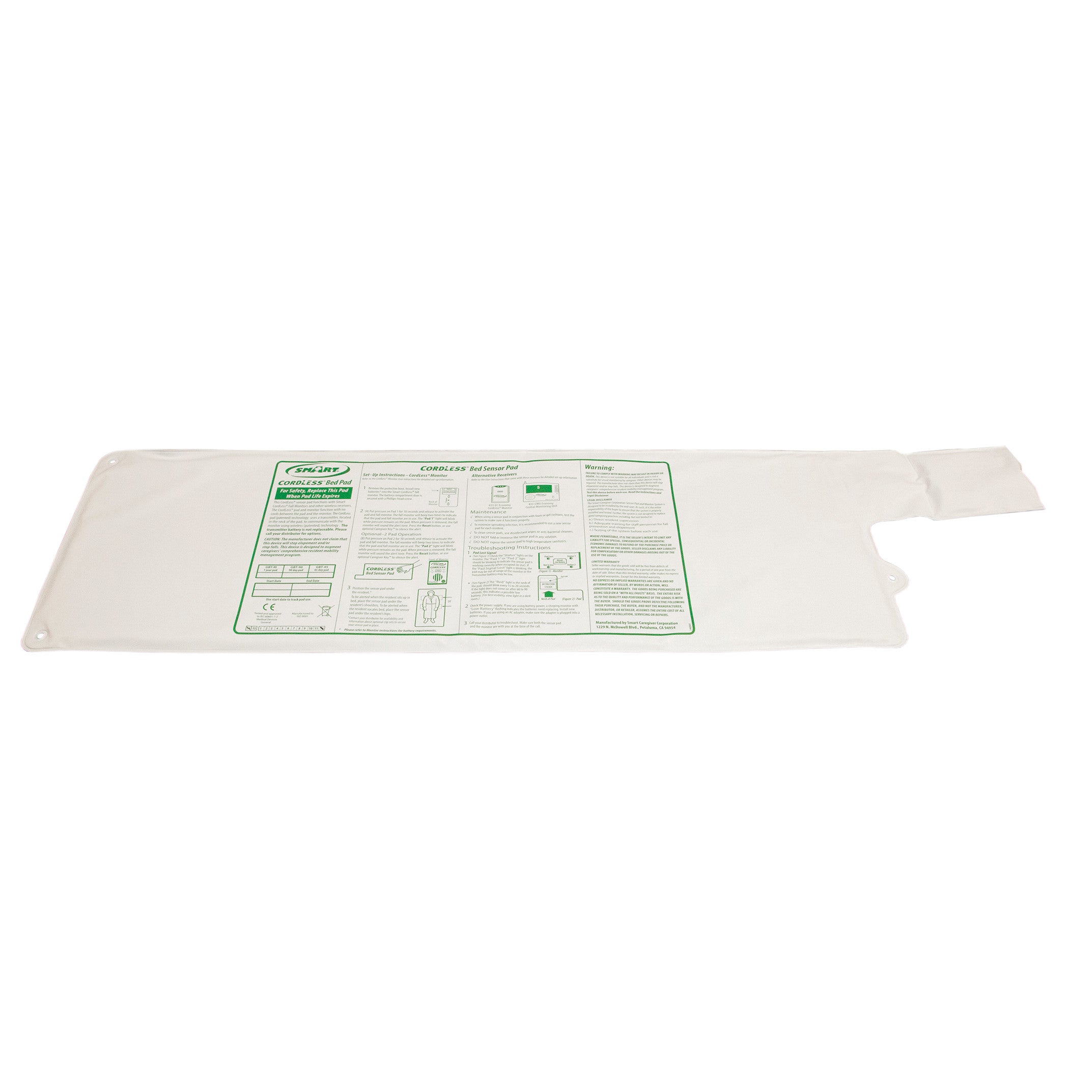 Smart Caregiver CordLess Bed Sensor Pad, featuring printed instructions, is a flat, rectangular mat designed for monitoring use.