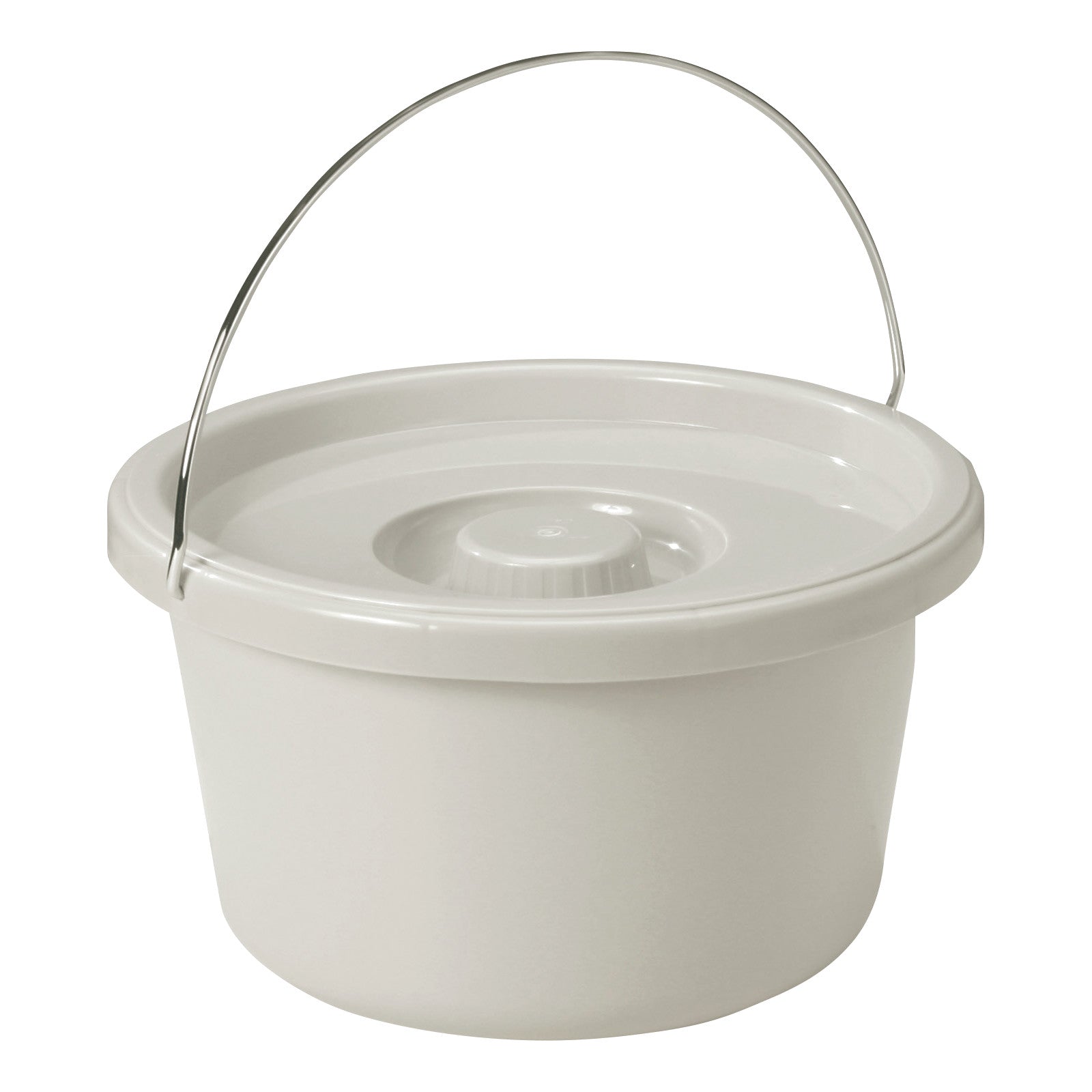 White Drive Medical Commode Bucket with Lid features a metal handle and circular, fitted lid.