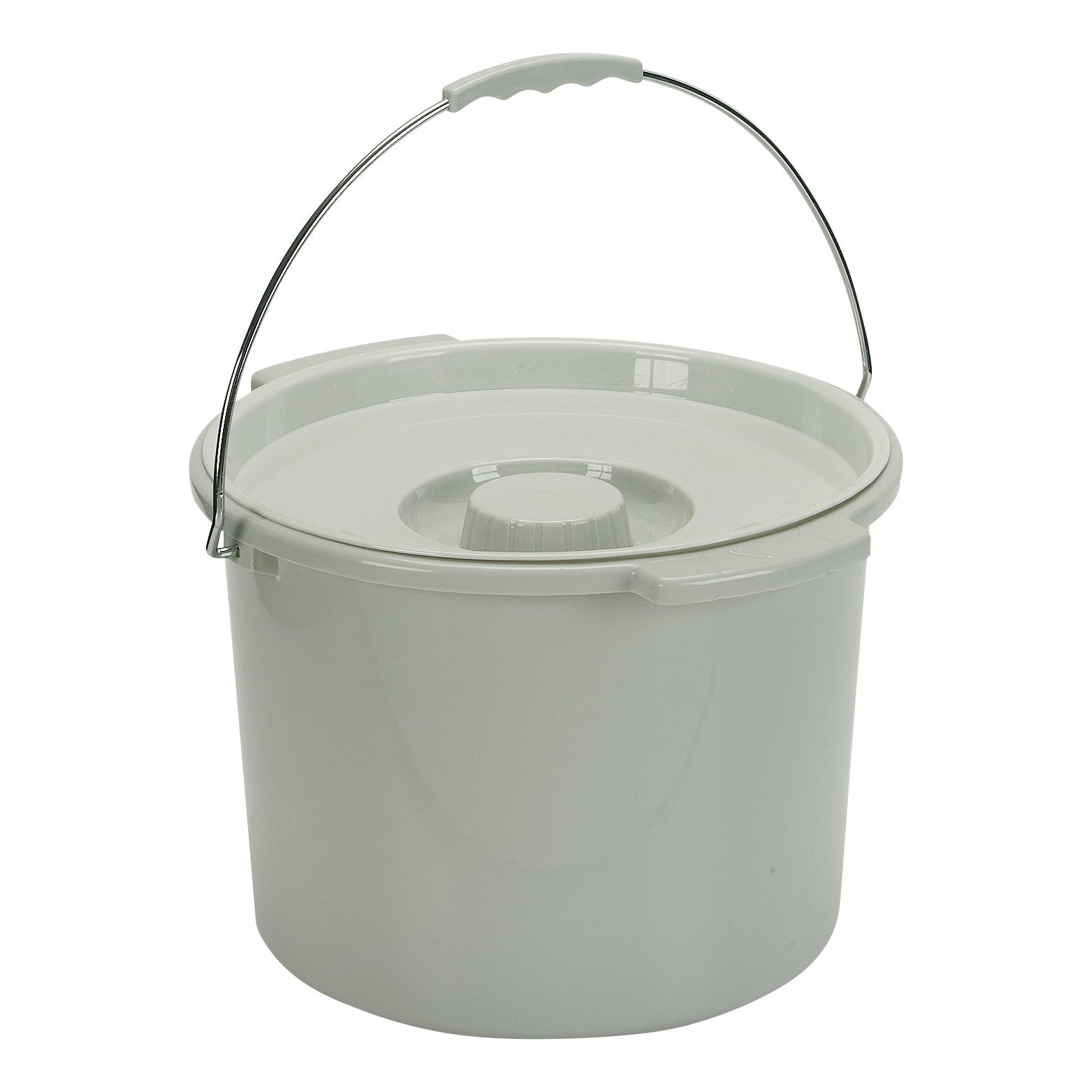 A gray Drive Medical Commode Bucket with Lid features a metal handle and a fitted cover for secure storage.
