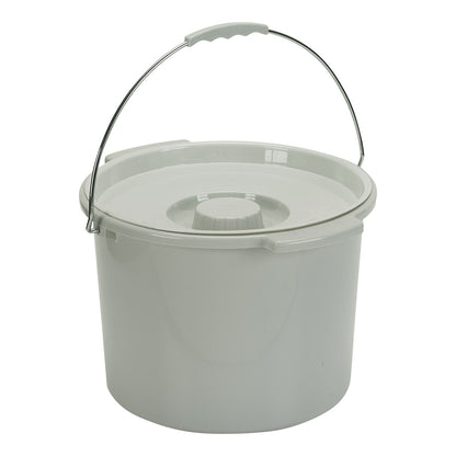 A gray Drive Medical Commode Bucket with Lid features a metal handle and a fitted cover for secure storage.