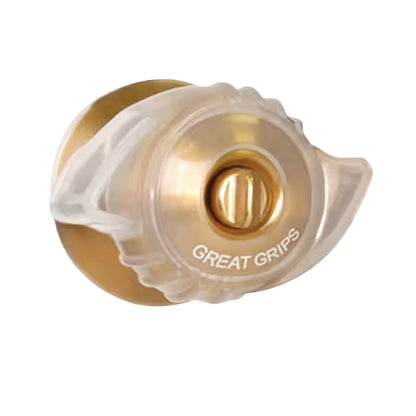 Transparent door handle cover labeled "Great Grips," designed to provide easier grip on a golden knob.