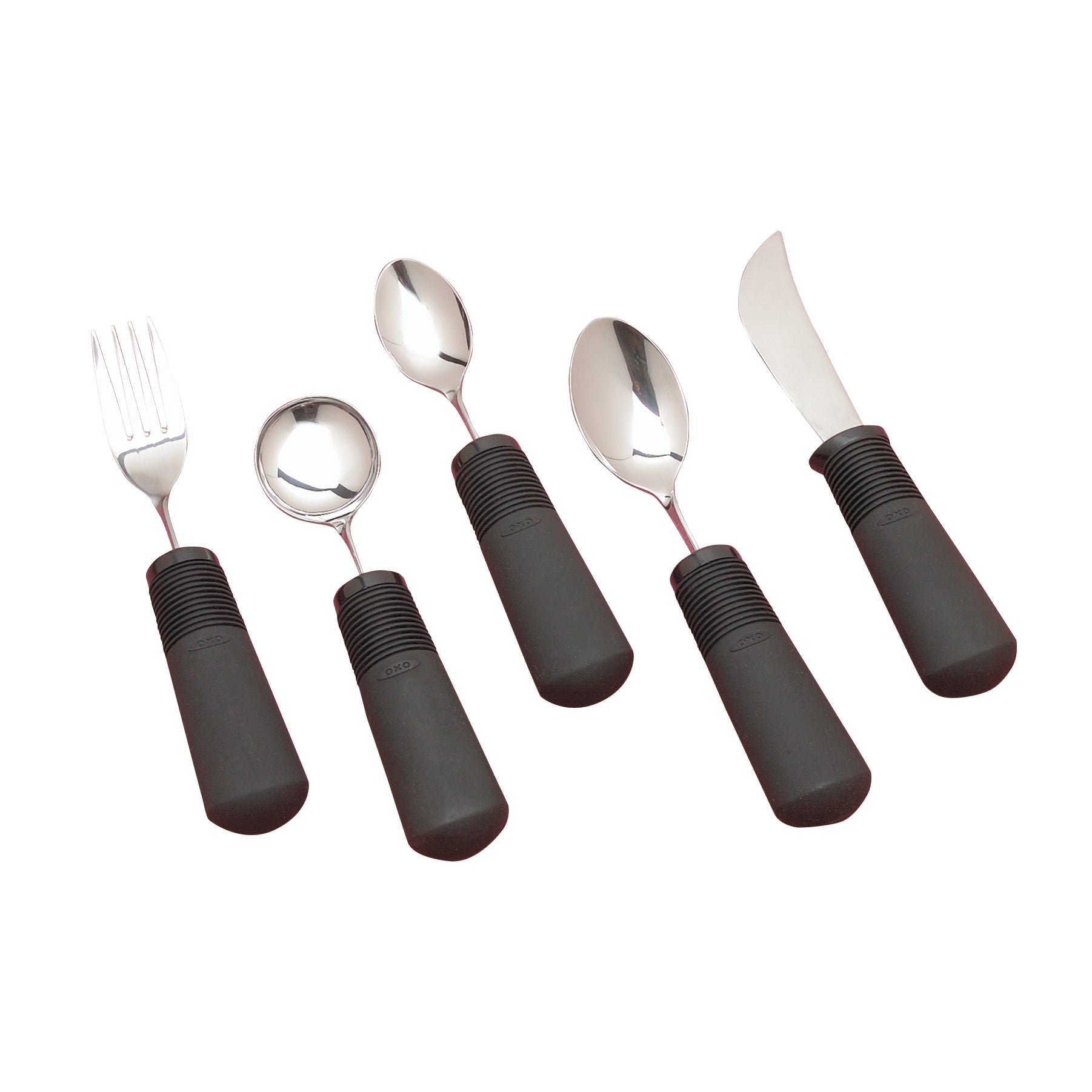 Five Good Grips Weighted Utensils with large, black rubber handles: a fork, two spoons, a teaspoon, and a knife.