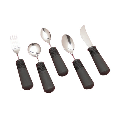 Five Good Grips Weighted Utensils with large, black rubber handles: a fork, two spoons, a teaspoon, and a knife.