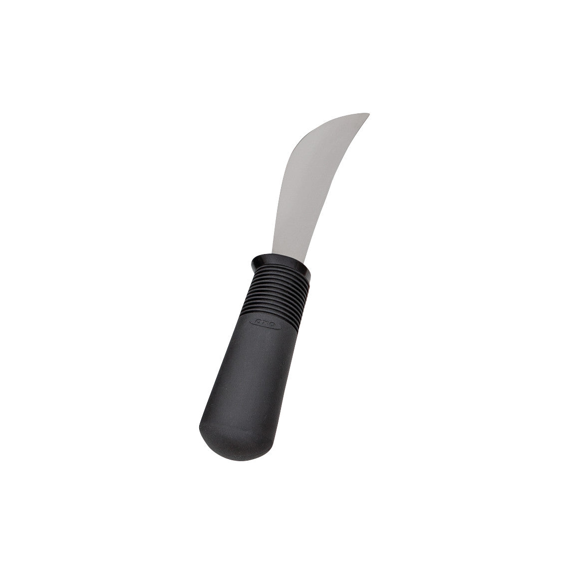 A curved steel knife with a thick black handle, labeled "Good Grips Weighted Utensils," designed for ease of use.