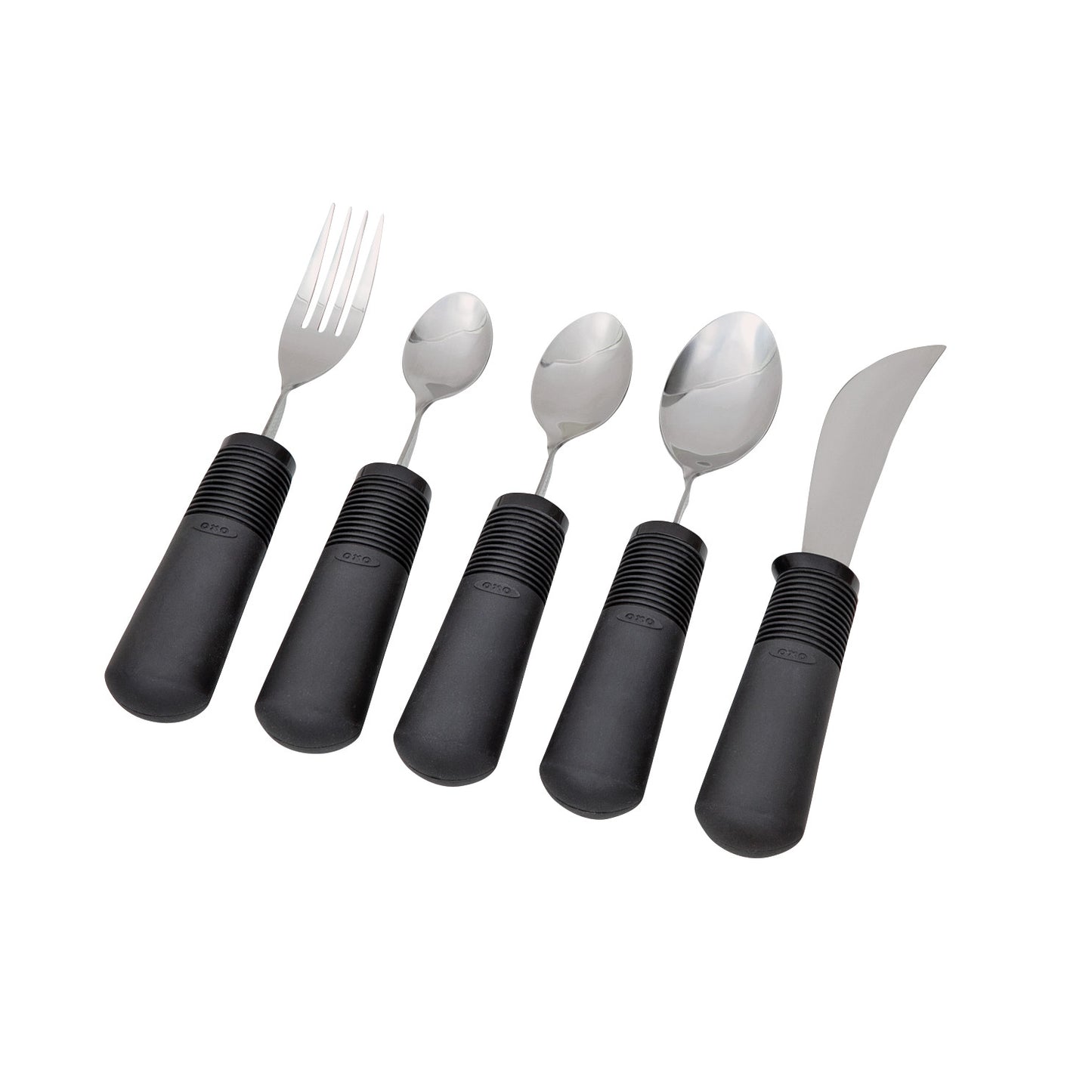 Five Good Grips Standard Utensils with large black rubber handles: a fork, two spoons, and two serrated knives.