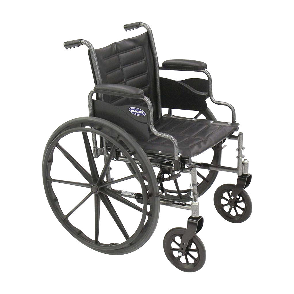 The Invacare Tracer EX2 Wheelchair features removable, fixed-height desk arms and large rear wheels for mobility.