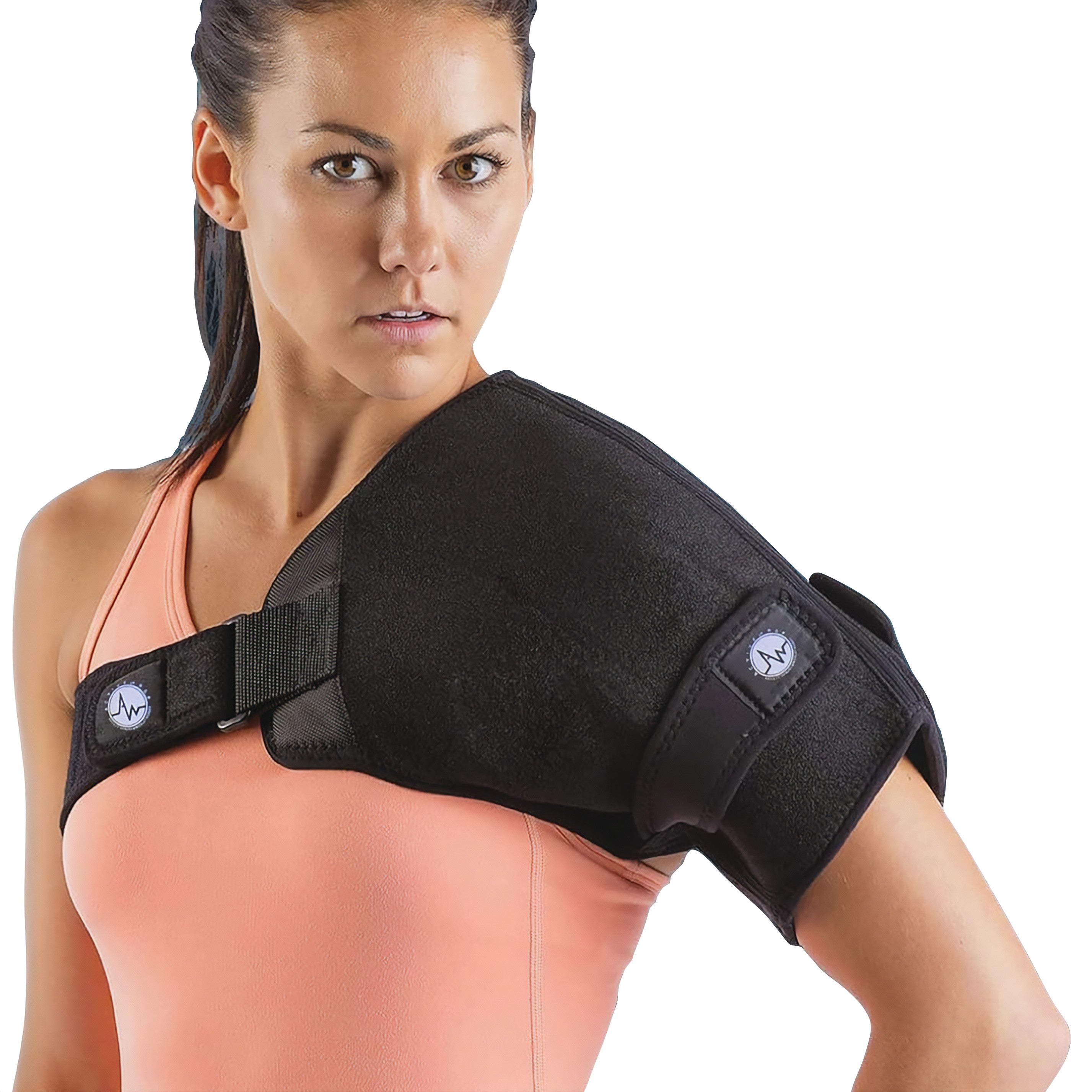 A woman wears an ActiveWrap shoulder support brace. The black brace is secured with adjustable straps over a peach tank top.