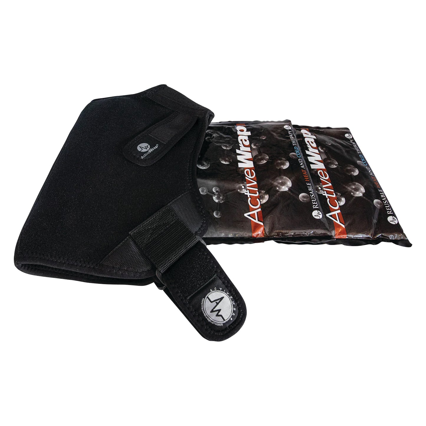 Black shoulder support and two gel packs labeled "ActiveWrap," designed for hot/cold therapy.