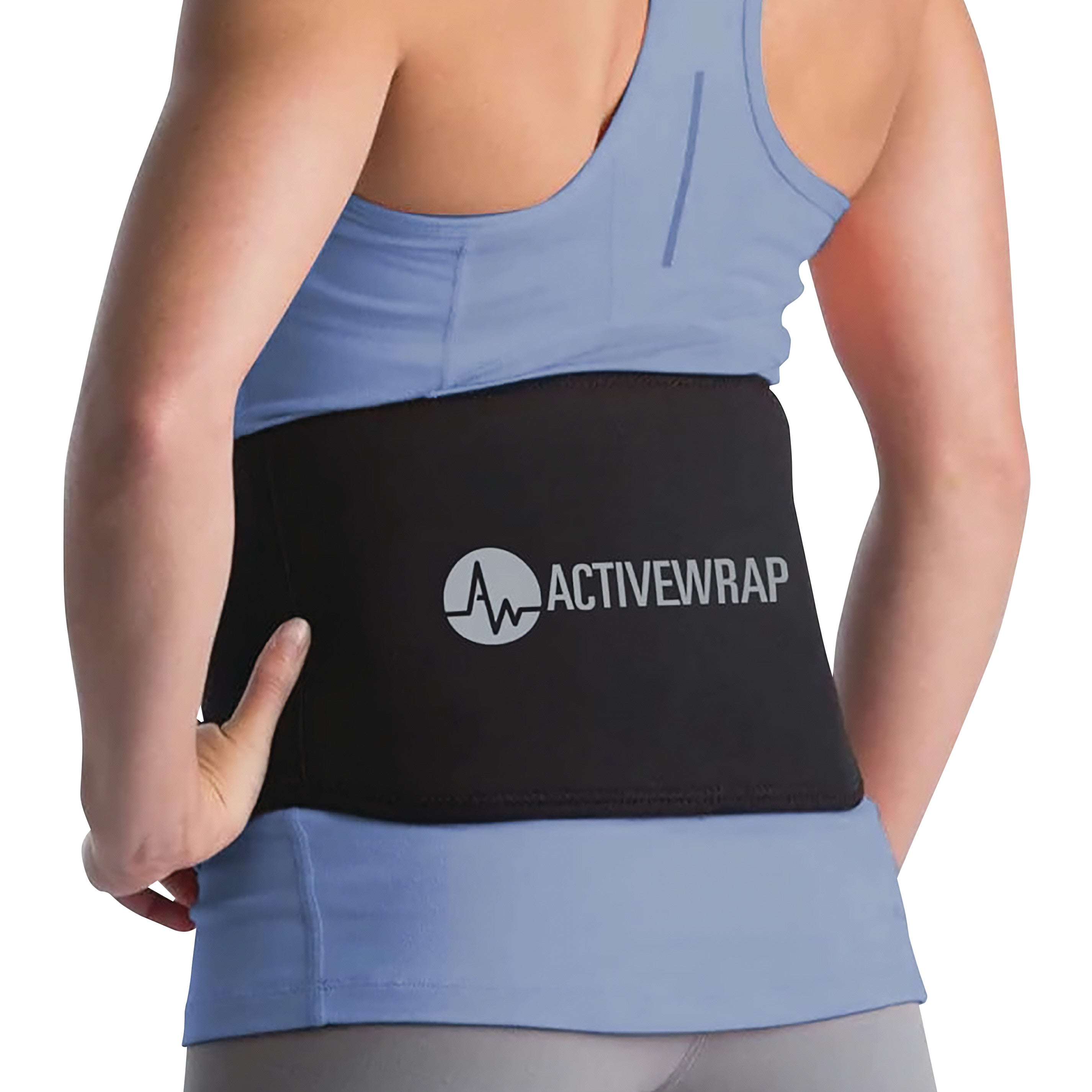 A person wears an ActiveWrap back support over a light blue tank top. The wrap is black with the ActiveWrap logo in white.