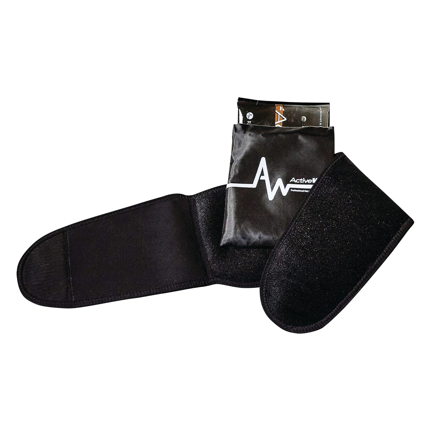 A black ActiveWrap wrist wrap is shown with an adjustable strap and a pocket containing a gel pack, featuring a wave logo.