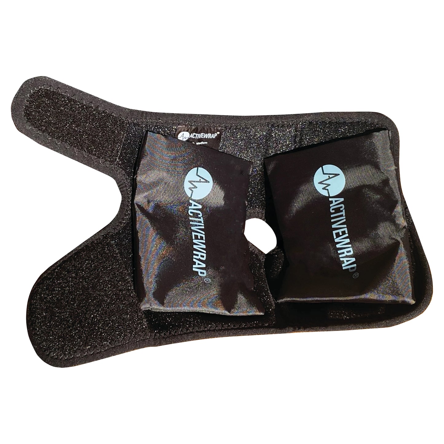 An ActiveWrap black adjustable wrap with two pockets, containing gel packs, designed for therapeutic hot or cold therapy.