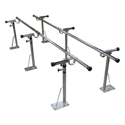 Bailey Bariatric Parallel Bars feature adjustable metal bars with secure bases, designed for rehabilitation and support exercises.