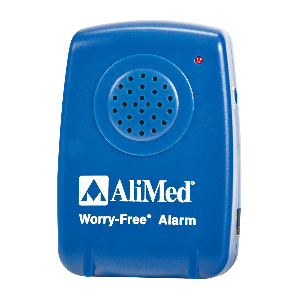 Blue AliMed Worry-Free Sensor Alarm with a speaker and a small red LED indicator, featuring white text on the front.