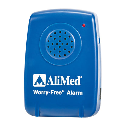Blue AliMed Worry-Free Sensor Alarm, featuring a speaker grill and red indicator light. The logo and name are printed in white.