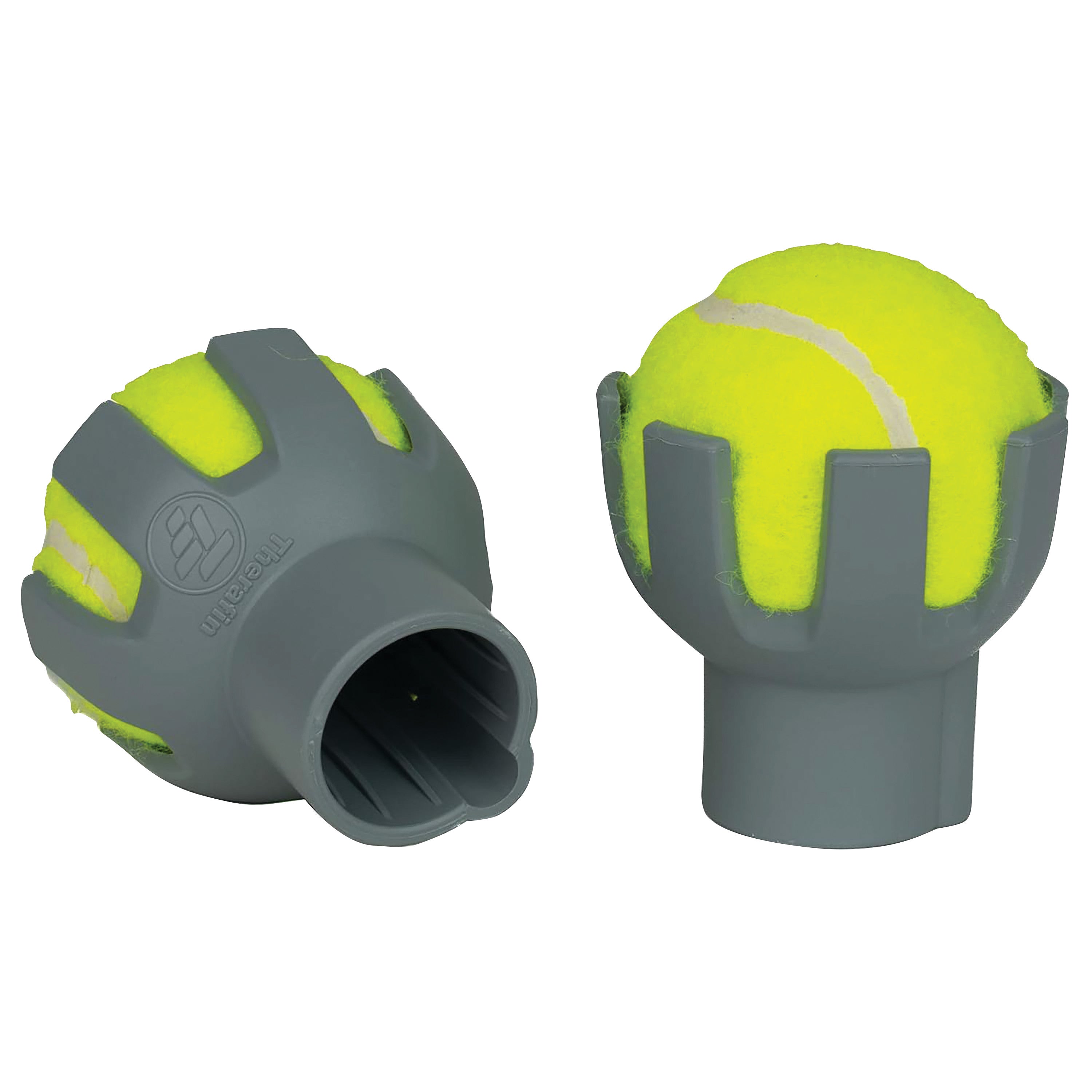 Gray plastic Therafin Walker Tennis Ball Glides encase yellow tennis balls, designed for easy movement on walkers.