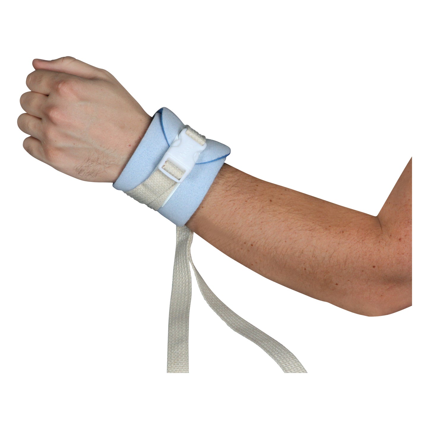 A person's wrist is secured with a Posey Limb Holder featuring a blue fabric cuff and a white quick-release buckle.