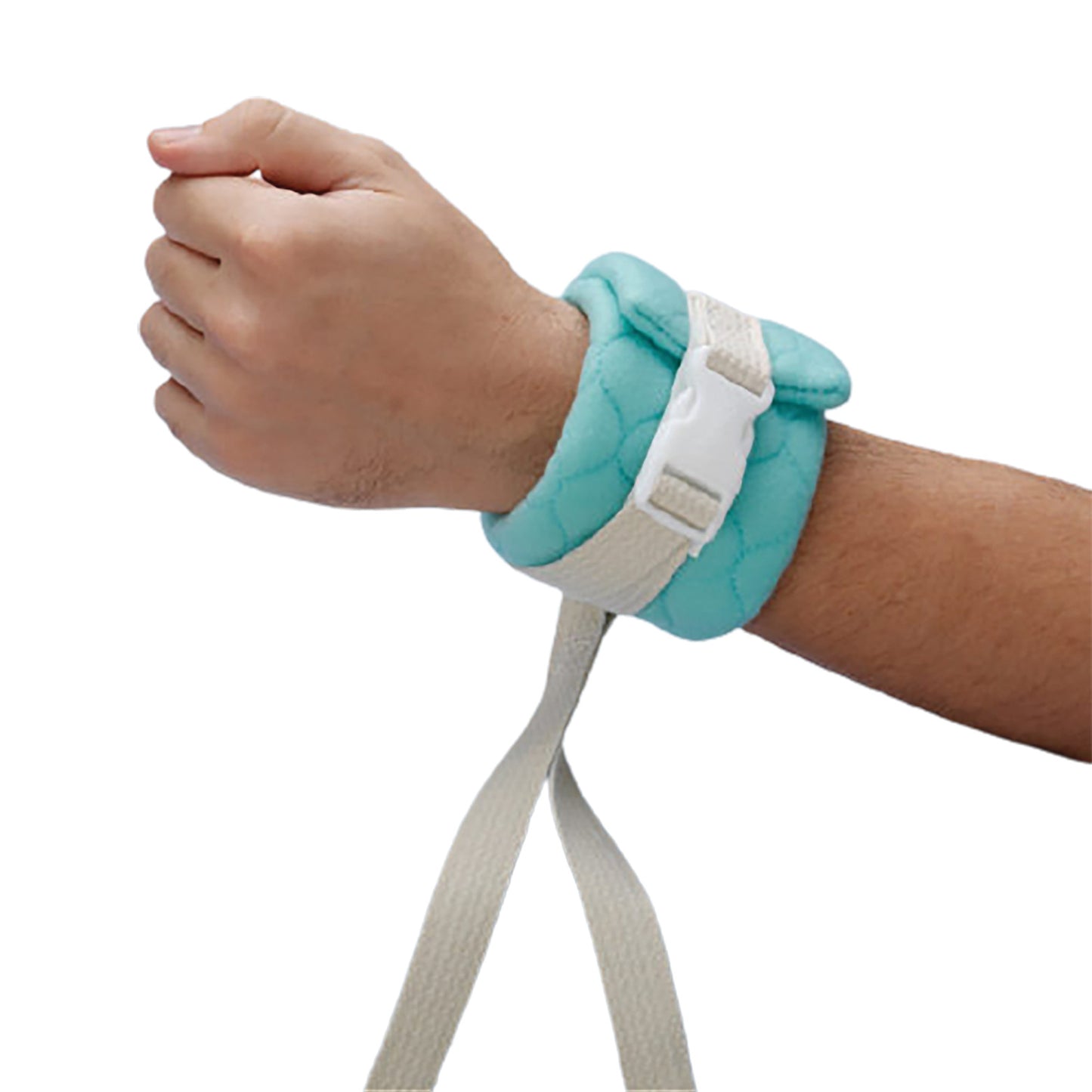 A person's wrist is secured with a Posey Limb Holder featuring a light blue padded band and quick-release buckle.