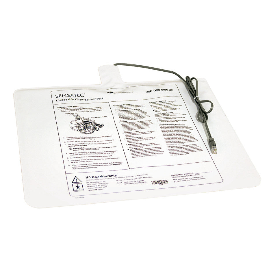 Sensatec Fall Management Chair Sensor Pad with connector cord, featuring printed instructions and warranty details.