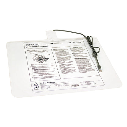 Sensatec Fall Management Chair Sensor Pad with connector cord, featuring printed instructions and warranty details.